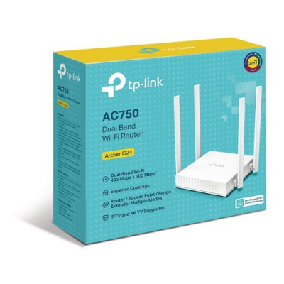 TP-LINK ARCHER C24, AC750, 4Port, 300-433Mbps, Dual Band WiFi, Masaüstü, Megabit, Router, Access Point, Range Extender